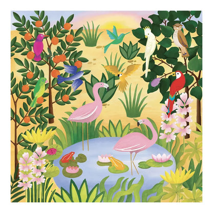 A painting of a pond with birds and flowers, inspired by Djeco - A Moment in Time.