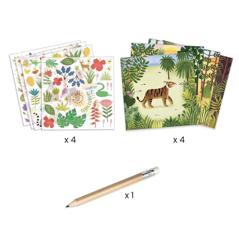 A set of four Djeco Inspired By – A Moment in Time greeting cards and a pencil.