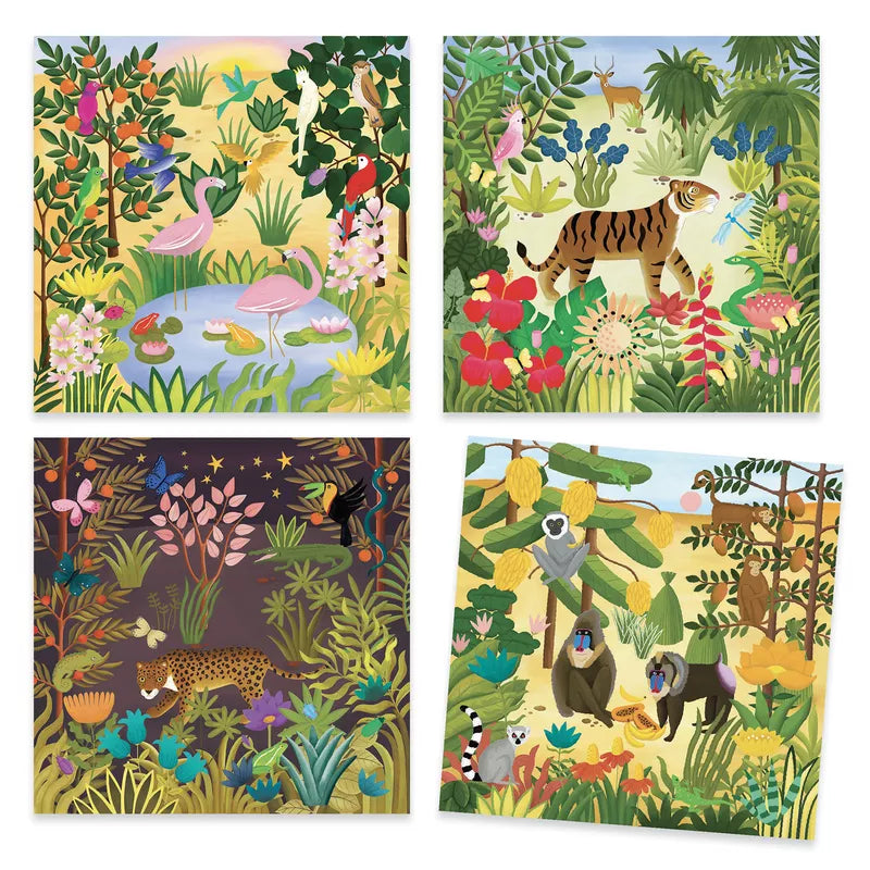 Four different pictures of animals in a jungle from Djeco Inspired By – A Moment in Time by Djeco.