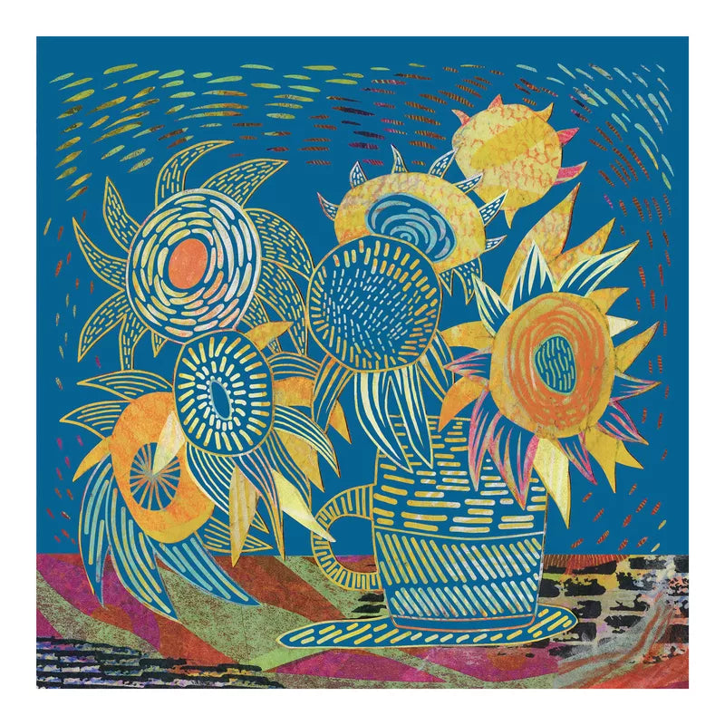 A painting of Djeco Inspired By - The South sunflowers in a blue vase by Djeco.