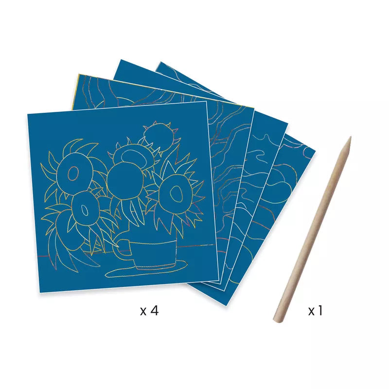 A set of four blue cards from Djeco Inspired By - The South with a drawing of a vase of flowers.