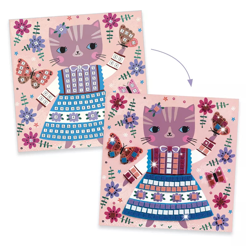 Two Djeco Mosaics Lovely Pets pictures of a cat on a pink background.