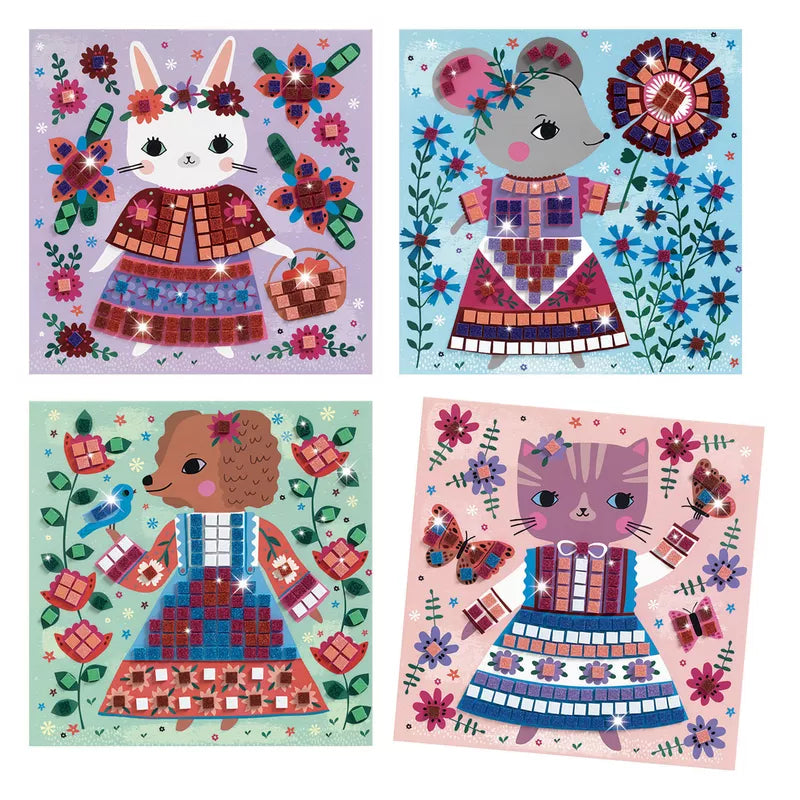 Three Djeco Mosaics Lovely Pets pictures of cats and flowers on a white background.