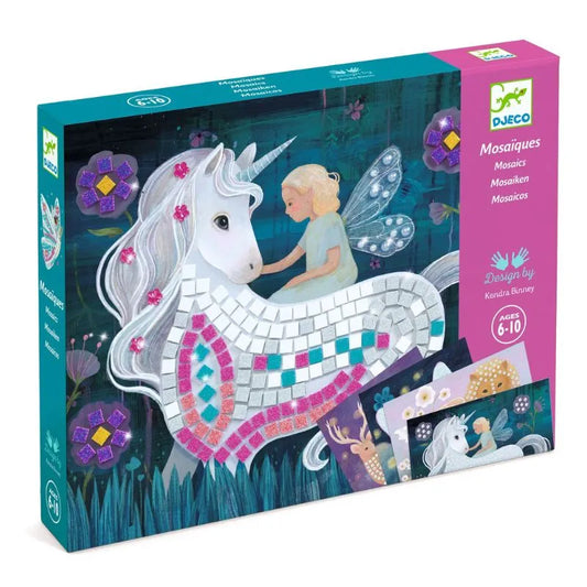 A Djeco puzzle box with a picture of a girl and a unicorn from their Collages The enchanted World collection.