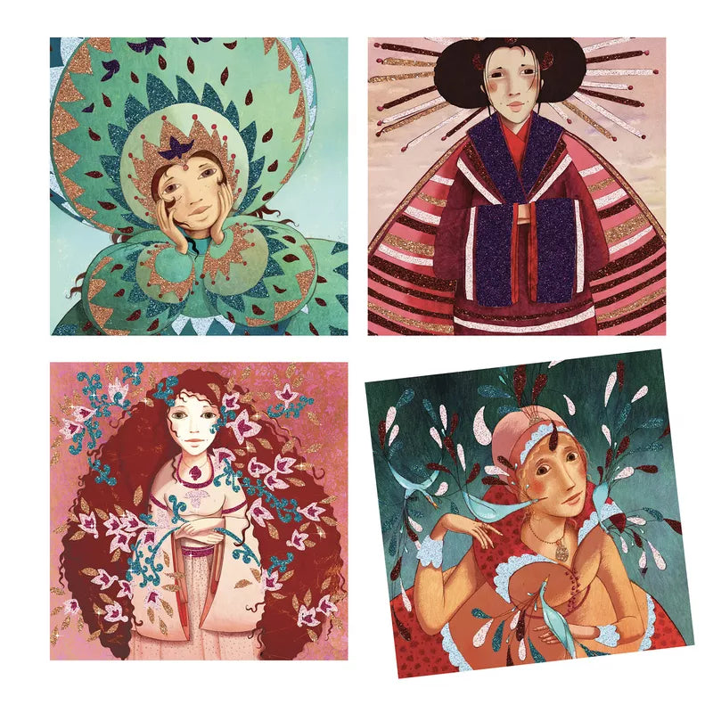 Four pieces of Djeco Glitter Board Gold and Silken paintings of women in traditional Japanese dress.