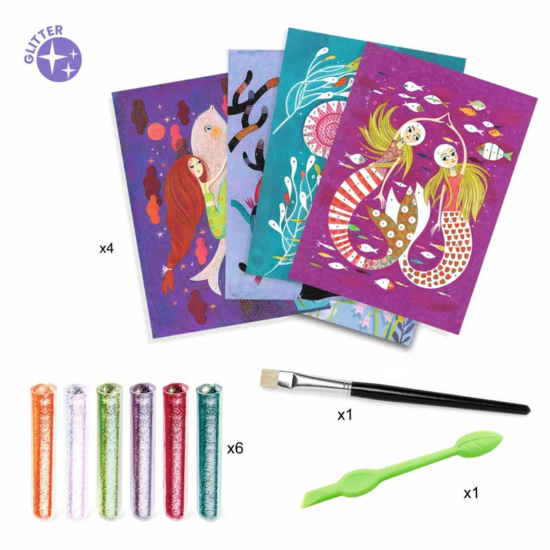 A set of four Djeco Mermaids Lights Glitter Board with markers and markers.
