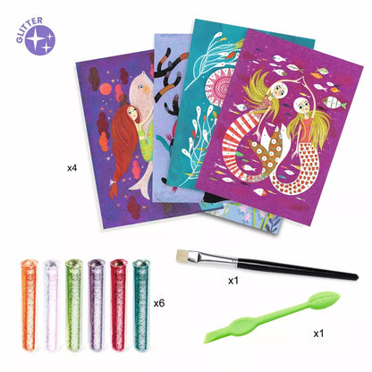 A set of four Djeco Mermaids Lights Glitter Board with markers and markers.