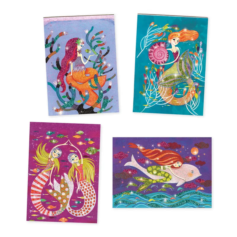 A group of three Djeco Mermaids Lights Glitter Board cards.