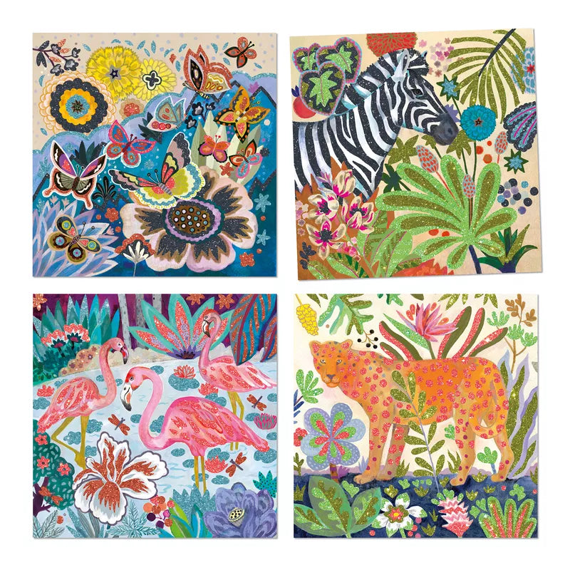 Four Djeco Tropico Glitter Boards of animals and plants.