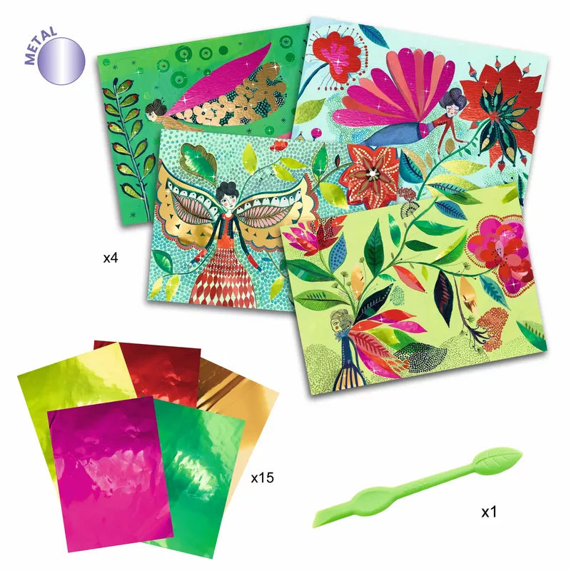 A group of Djeco Fireflies Foil Pictures with different designs and colors.
