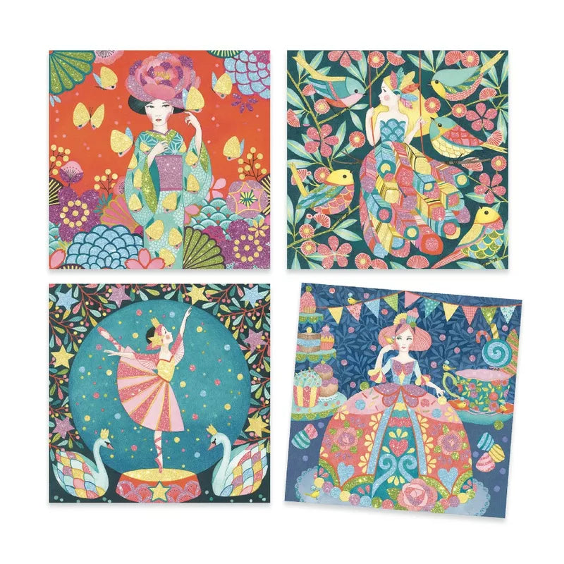 Four Djeco Glitter Boards Daydream with different designs on them.