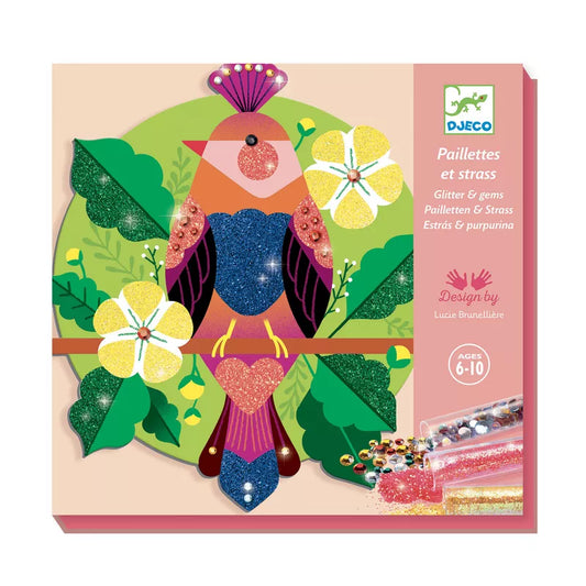 A picture of a bird on a branch with flowers created using Djeco Glitter boards – Paradisio by Djeco.