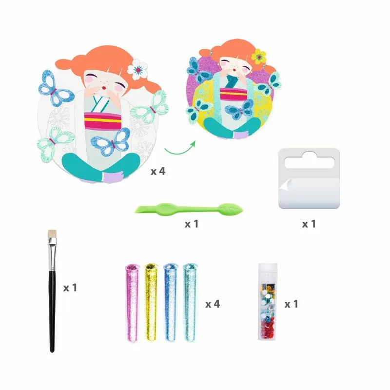 The contents of a Djeco craft kit including scissors, pens, markers, Djeco Glitter Boards Onnanoko and more.