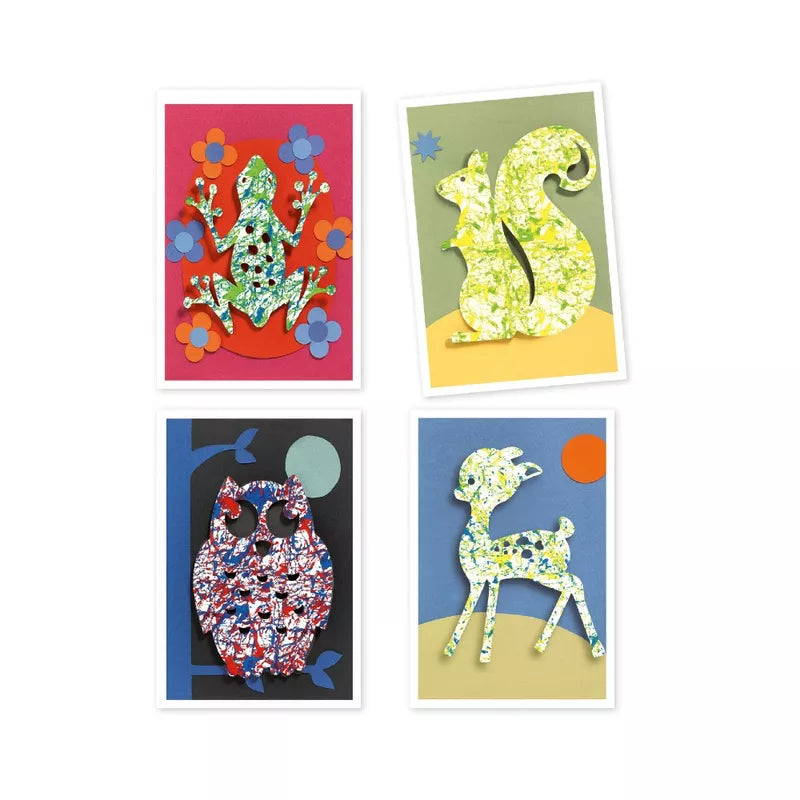 Four Djeco Painting with Marbles Colourful Parade cards with different designs of animals on them.