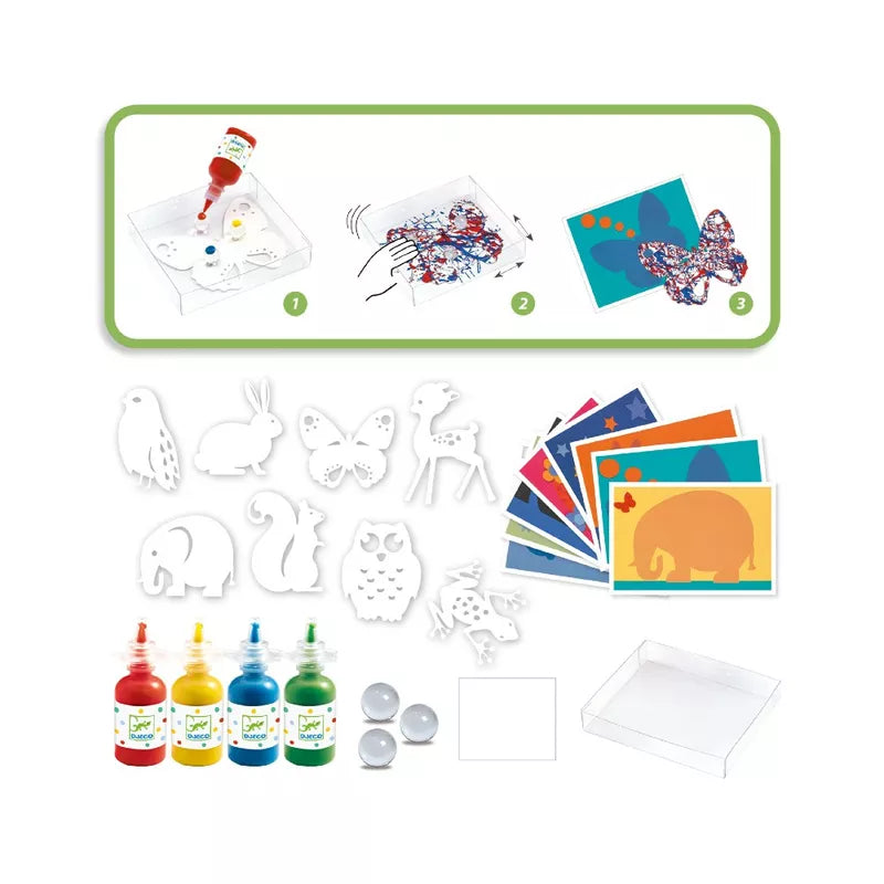 A group of crafting supplies including Djeco Painting with Marbles Colourful Parade, Djeco cutter, Djeco glue, and Djeco paper.