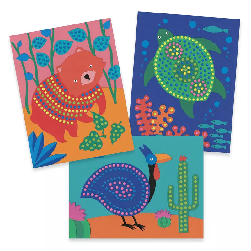 Three colorful Djeco Pointillism cards with animals and plants on them.