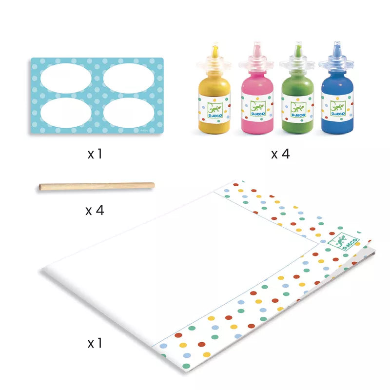 The Djeco Pointillism supplies needed to make a DIY craft project.