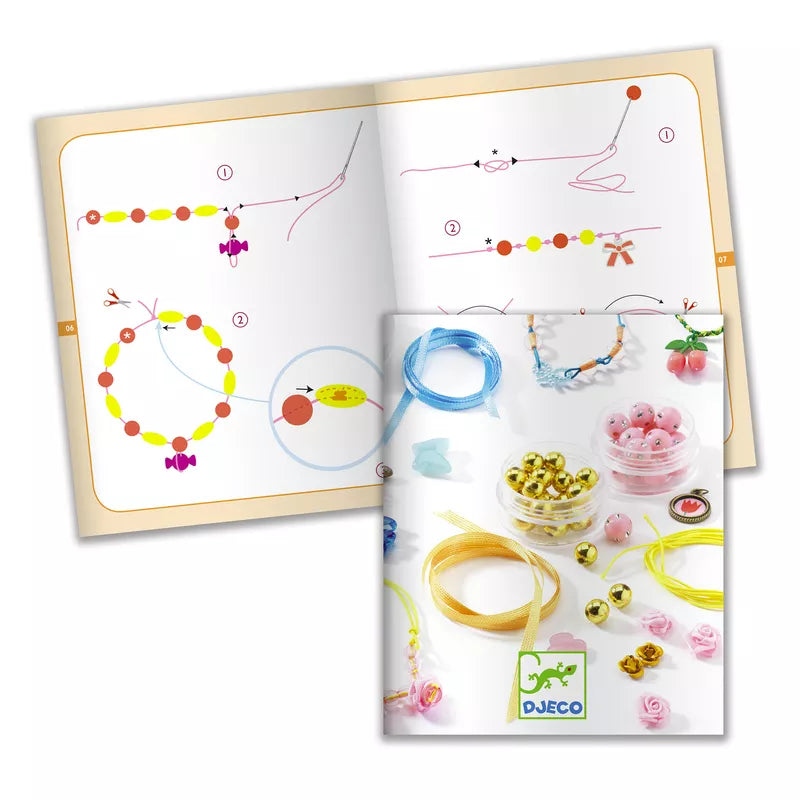 A picture of a Djeco Beads and Flowers book with a picture of Djeco jewelry.