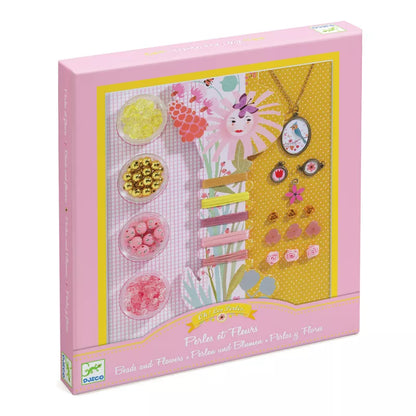 A pink Djeco box with Beads and Flowers on it.
