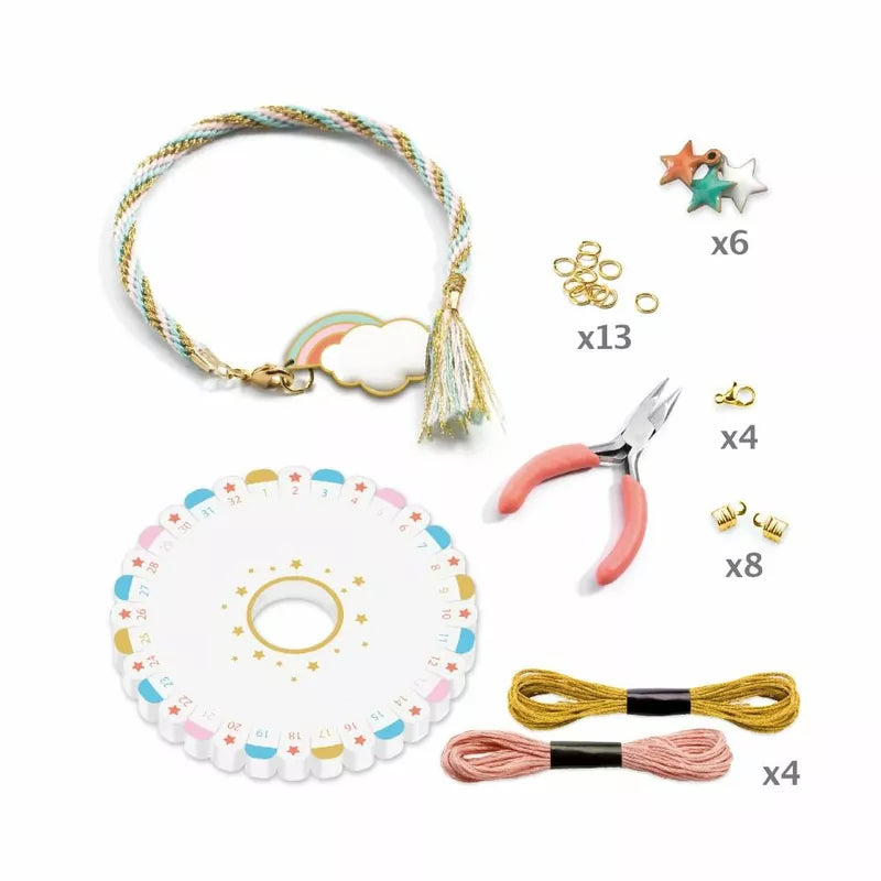 A collection of crafting supplies including Djeco scissors, Djeco thread, and Djeco beads.