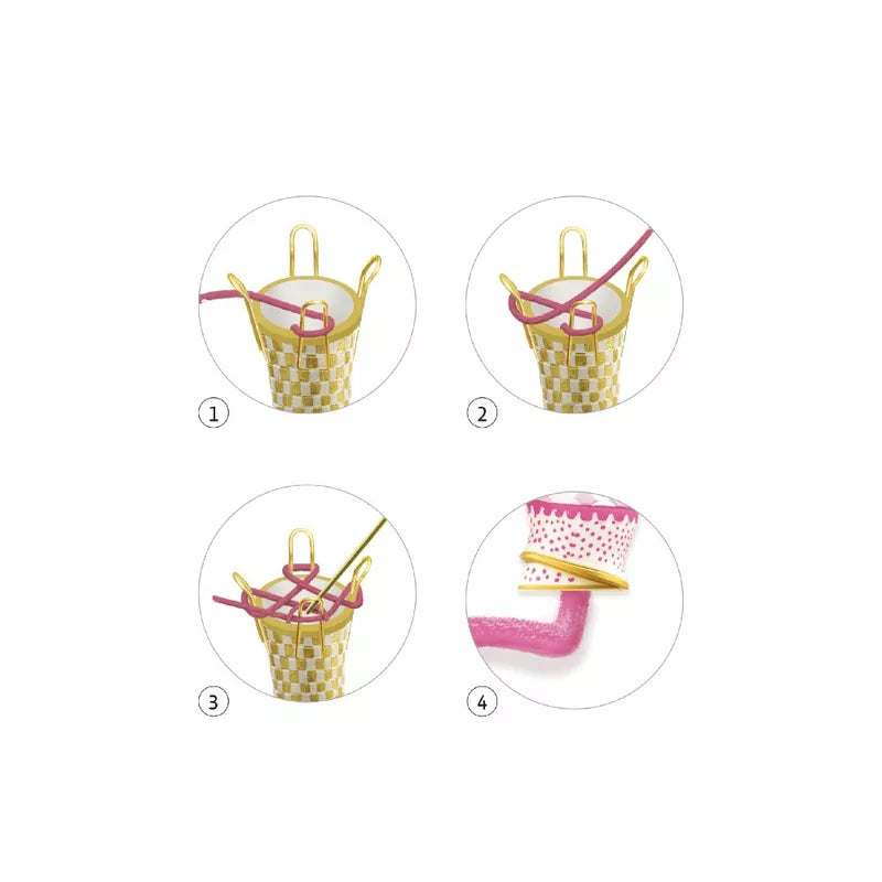 Four pictures of a Djeco French Knitting Princess basket with a handle.