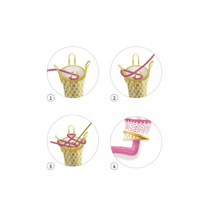 Four pictures of a Djeco French Knitting Princess basket with a handle.