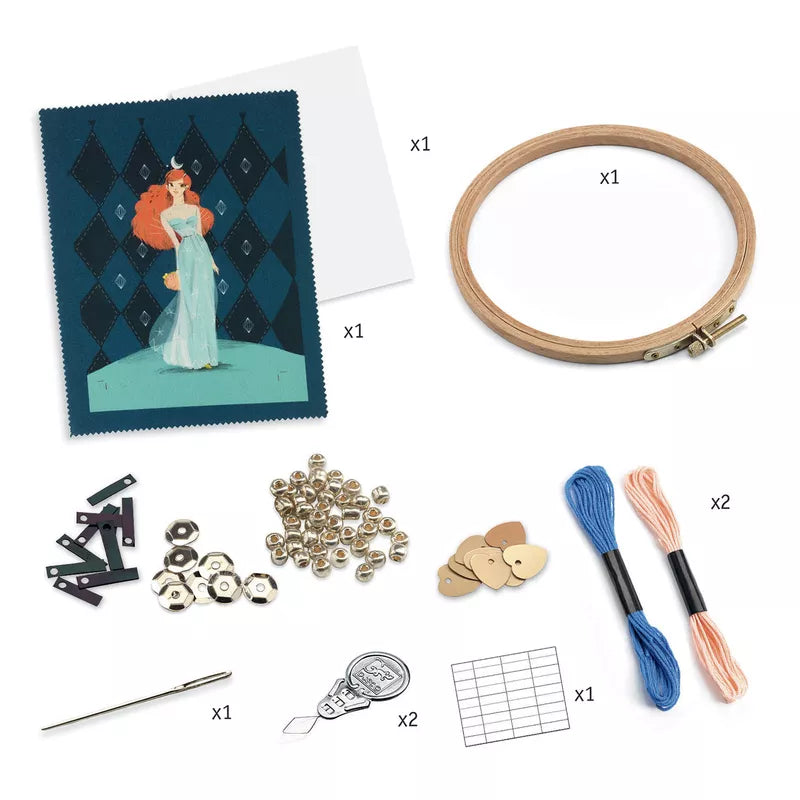 A Djeco Embroidery – Fashion cocktail kit with a picture of a woman.