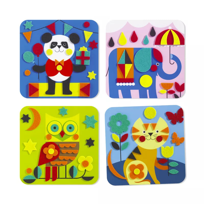 A set of four Djeco Felt Collages Gentle creatures coasters.