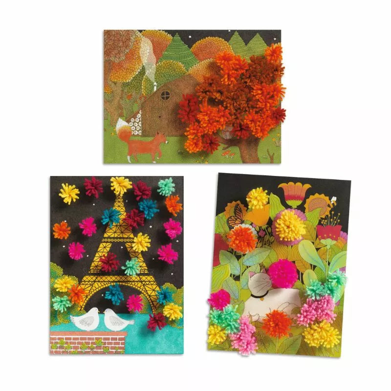 Three cards with flowers and a Eiffel Tower from Djeco's An Explosion of Pompons.