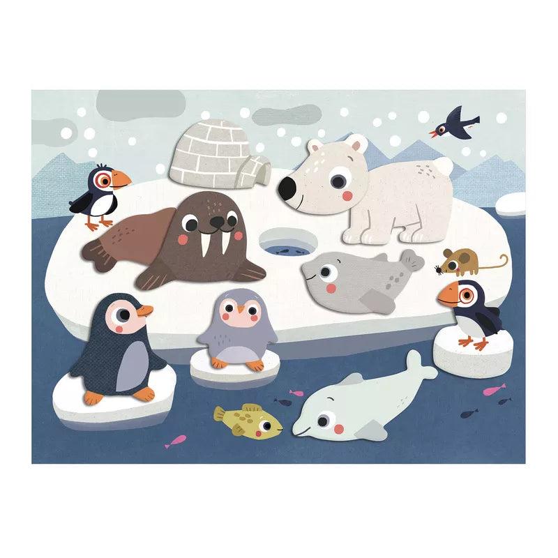A polar bear, penguin, seal, penguin, penguin and seal are on an ice, playing with Djeco My first Collages.