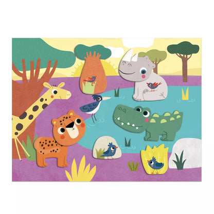 A picture of a group of animals in a pond made with Djeco My first Collages by Djeco.