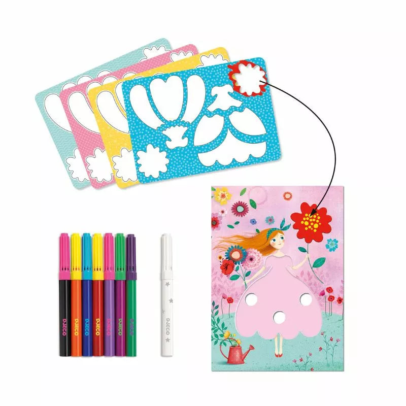 A set of Djeco Marie's Pretty Dresses markers and a Djeco notebook.