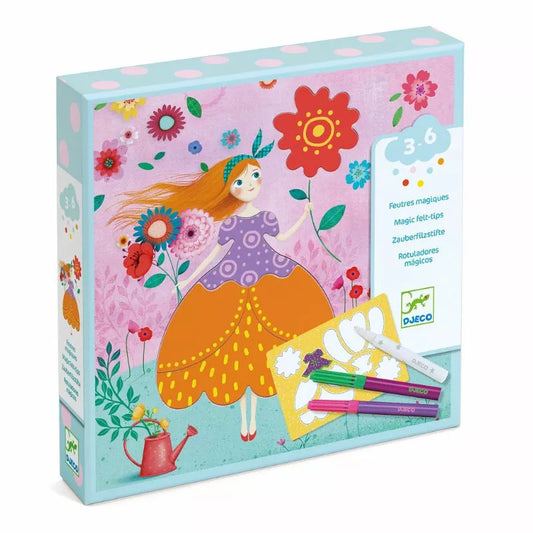 A box of Djeco Marie's Pretty Dresses colored pencils with a picture of a girl.