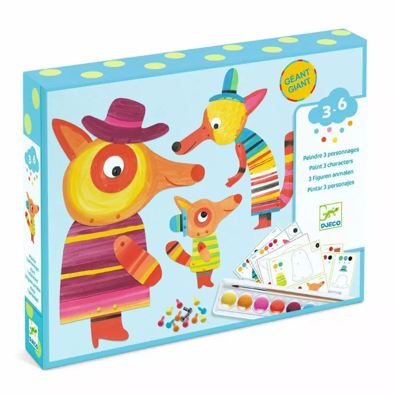 A box with a picture of Djeco Painting The fox family and the Djeco logo.
