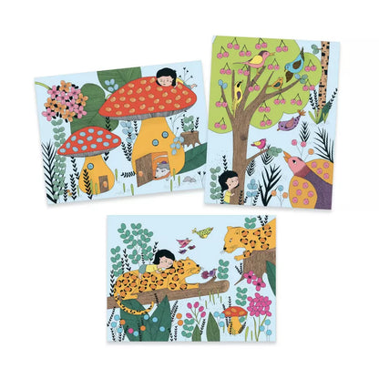 A set of three Djeco Touch and Paint Finger Painting postcards with animals and trees.