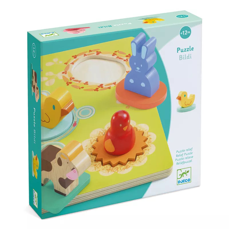 A Djeco Bildi 3D Jigsaw Duck & Friends puzzle box with a toy animal.