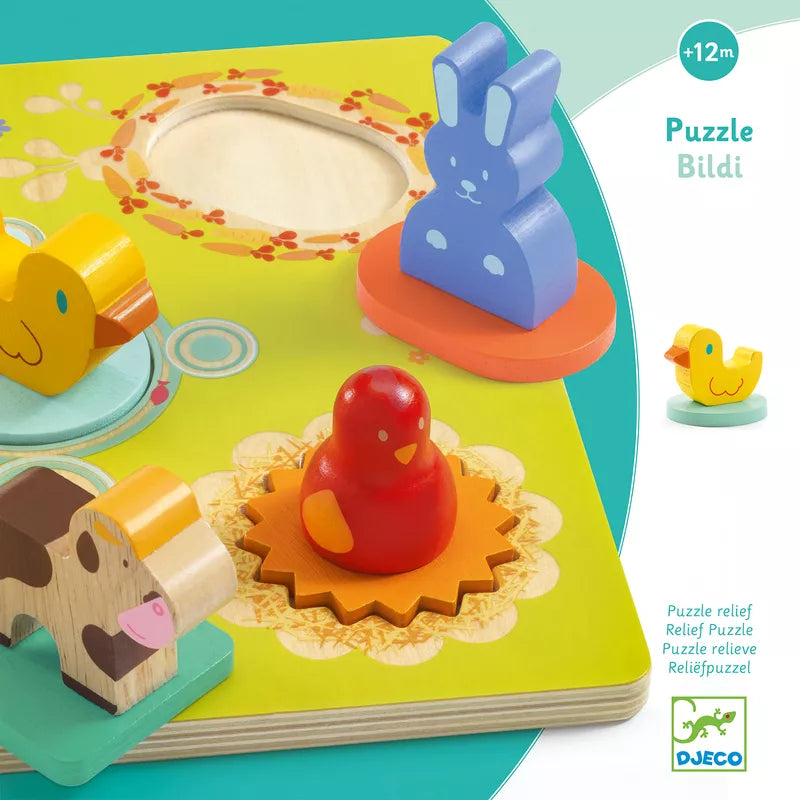 A picture of a Djeco Bildi 3D Jigsaw Duck & Friends puzzle book with animals on it.