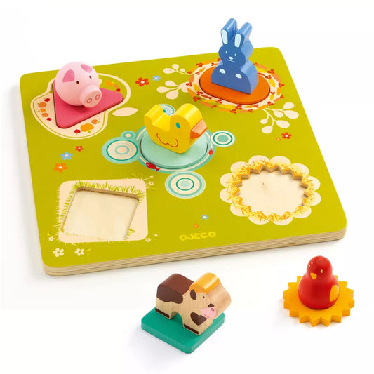 A picture of the Djeco Bildi 3D Jigsaw Duck & Friends wooden toy set with animals.