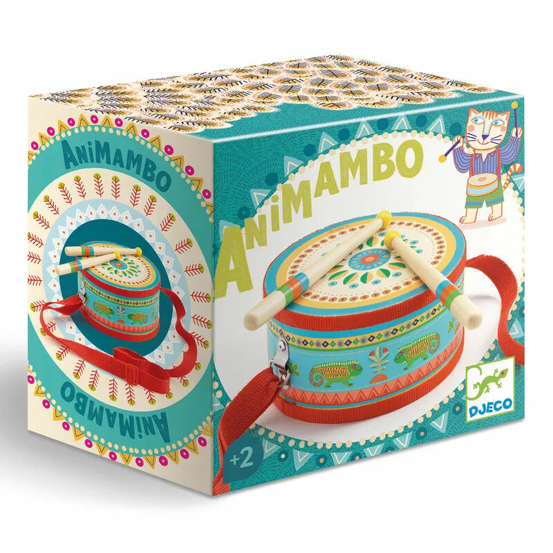 A Djeco box with a picture of the Animambo Hand Drum inside of it.