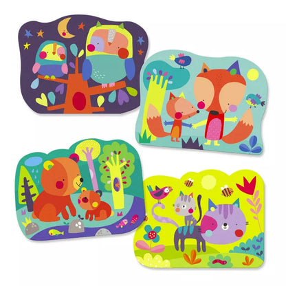 A set of three Djeco Colouring Hidden in the woods children's placemats with animals on them.
