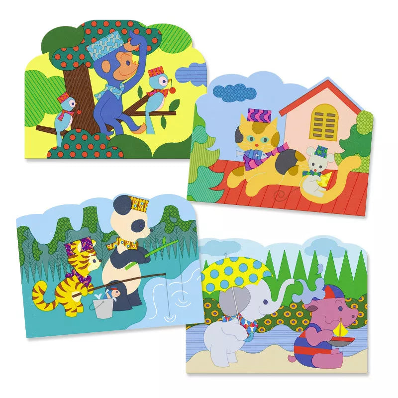 A set of four Djeco Colouring Hidden outside children's wooden puzzles.