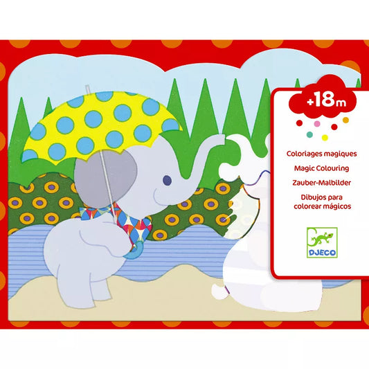 A picture of an elephant holding an umbrella colored with Djeco Colouring Hidden outside by Djeco.