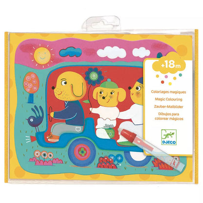 A picture of Djeco's Colouring Hidden on the road play mat with a picture of two dogs on.