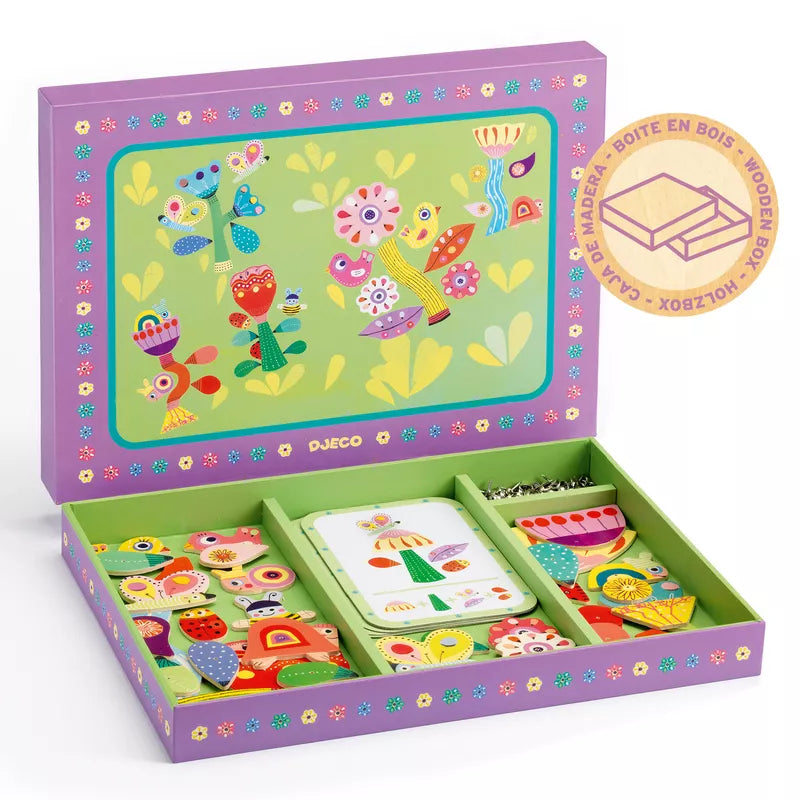 A Djeco Tap Tap Garden box filled with lots of colorful magnets.